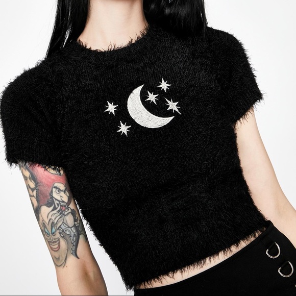 Dolls Kill Tops - HOROSCOPEZ moody moonlight fuzzy sweater 1X